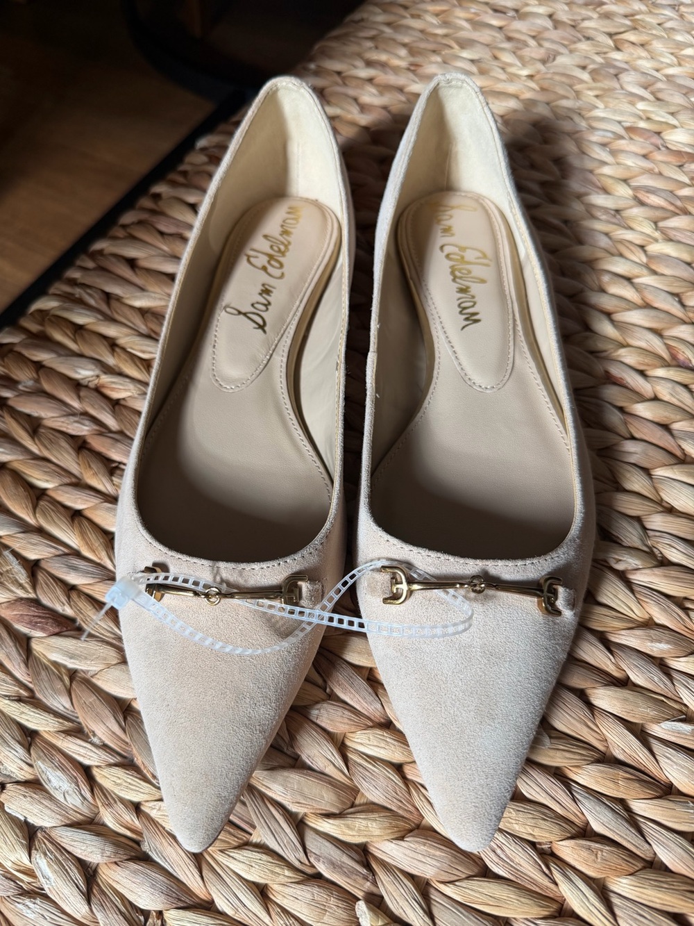 Sam Edelman Pointed Toe Suede Flats in Beige with Gold Bit